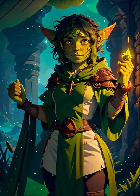 flat color, small goblin priestess, priestess robes, messy dark hair, (green skin:1.3), official artwork, official dnd art, in the style of Greg Rutkowski, best quality, masterpiece, intricate details,<lora:dnd_goblin-000110:0.8> <lyco:VECTORV1-TRIM:1>