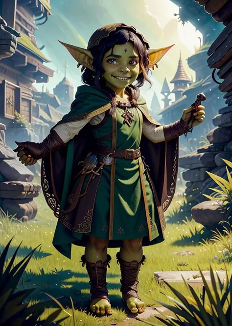 small goblin priestess, priestess robes, messy dark hair, green skin, official artwork, official dnd art, in the style of Greg Rutkowski, best quality, masterpiece, intricate details,<lora:dnd_goblin-000110:0.8>