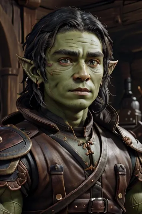 RAW photo, {goblin} thief, leather armor, (high detailed skin:1.2), 1boy, ((masterpiece)), (best quality), perfect anatomy, highres, detailed, (8k), photorealistic, best quality, ultra highres, ((detailed face)), IPhoneX, <lora:dnd_goblin:1>