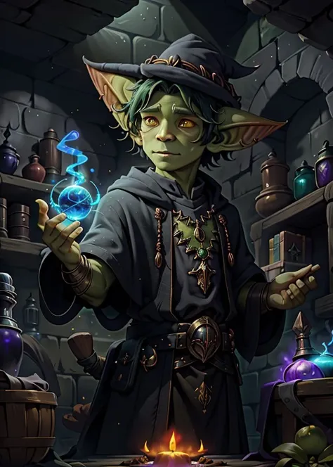male goblin, style by Samantha Keely Smith, dark fantasy setting, necromancer wizard casting magic spell, magic colors splash, 4k texture, dark magic, necromancer, dark brick background, <lora:dnd_goblin:1>