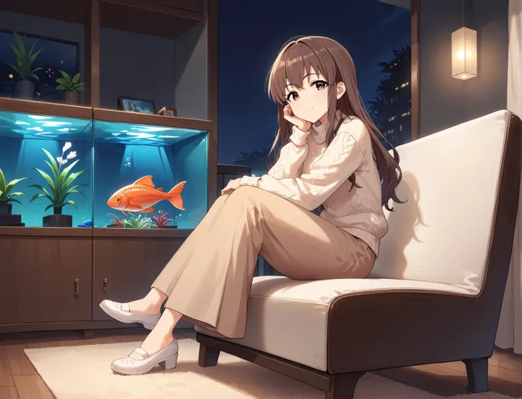 score_9, score_8_up, score_7_up, source_anime, high res image, masterpiece, best quality, cute face, clear skin, shiny hair, ultra detailed eyes, <lora:hattoritouko_ponyXLV6:0.6>, 1girl, 25 years old, cght, brown hair, long hair, brown eyes, tall female, slender, (smile:0.7), sit on chair, casual, sweater, long skirt, indoor, living room, aquarium, night, dark background,