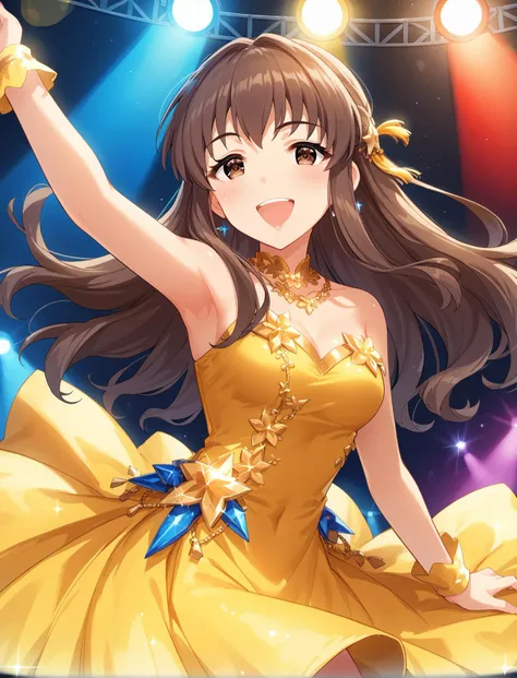 score_9, score_8_up, score_7_up, source_anime, high res image, masterpiece, best quality, cute face, clear skin, shiny hair, ultra detailed eyes, <lora:hattoritouko_ponyXLV6:0.6>, 1girl, 25 years old, cght, brown hair, long hair, brown eyes, tall female, slender, blush, smile, singing, stage outfit, yellow dress, color lights, stage, gold theme,