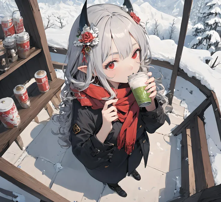 well_ proportioned female hands,detail fingers,beautiful detailed eyes,perfect body proportions,precise geometry,masterpiece, best quality, ultra-detailed, illustration,highres, original, extremely detailed wallpaper,an extremely delicate and beautiful,incredibly_absurdres,intricate detail,ray tracing,drop shadow,
The girl is drinking milk tea,{{{masterpiece}}}, best quality, highly detailed,illustration,1girl, red eyes,wavy silver hair, pointy ears, vampire, dress, necklace, hair flower,snow, ice, full body shot, high close up, highly detailed,  sharp focus, looking at viewer,red_scarf,firearms,
fisheye,perspective,from above,ultrawide shot,[Rose petals swirling in the air:0.9],coffee house,
