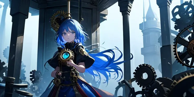 (Close-up:1.2), 1girl, solo, standing inside a fantasy clock tower, blue hair, white eyes, magician robes outfit, intricate background, (clockwork, mechanical items, many cogs:1.2), workshop, all connected, dusty floor, shadowy smoke, dim lighting, panoramic view, dark theme, best quality, amazing detail, 4k, 8k, uhd,