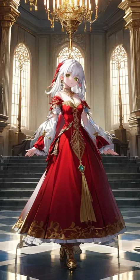 1Girl, full body, elegant, white hair, green eyes, intricate red gown, silver earrings, palace interior background, golden chandelier, highest quality, highly detailed, 4k, 8k, UHD, to scale, anime