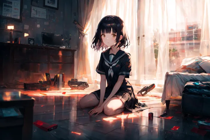 ((masterpiece, best quality)), best aesthetic, mksks style, very detailed background, 1girl, solo, full body, school uniform, serafuku, black hair short hair, blunt bangs, looking at viewer, brown eyes, short sleeves, closed mouth, indoors, room, messy room, curtains, window, warm lighting,