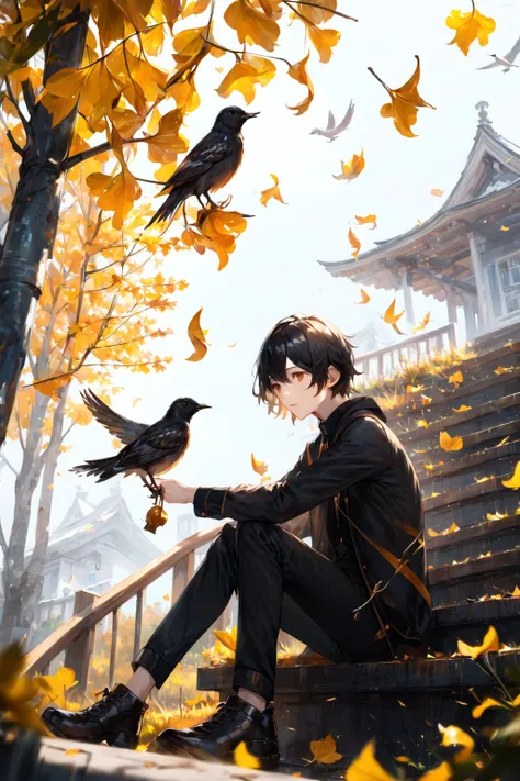 ((masterpiece, best quality)),best aesthetic,1boy, male focus, sitting, solo, leaf, holding, pants, outdoors, ground vehicle, stairs, bird, short hair, falling leaves, shoes, black pants, black hair, long sleeves, full body, looking at viewer, ginkgo leaf, autumn leaves