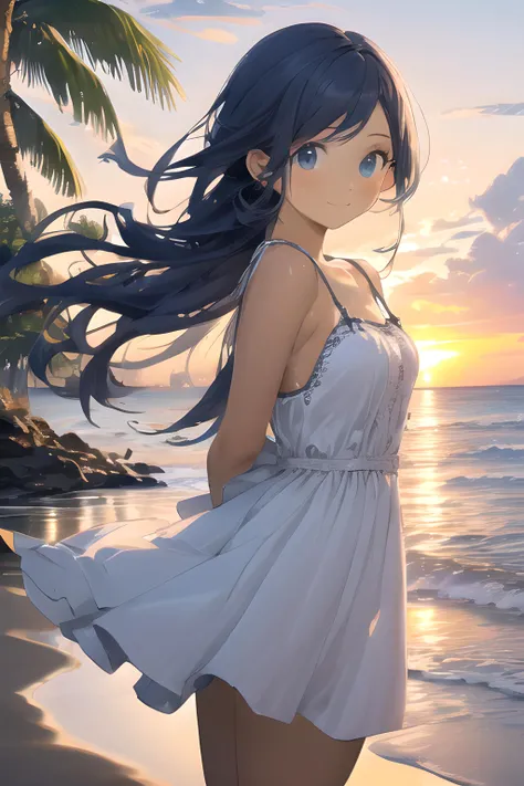 (masterpiece, best quality, absurdres, ultra detailed, intricate details, beautiful, finely detailed:1.5), 1girl, dark blue hair, blue eyes, very long straight hair, asymmetrical bangs, medium breasts, toned, beach, ocean, reflective water, palm tree, rock, summer, evening, sunset, wind, arms behind back, walking, looking at viewer, blush, light smile, parted lips, white sundress, cowboy shot,
