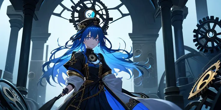 (Close-up:1.2), 1girl, solo, standing inside a fantasy clock tower, blue hair, white eyes, magician robes outfit, intricate background, (clockwork, mechanical items, many cogs:1.2), workshop, all connected, dusty floor, shadowy smoke, dim lighting, panoramic view, dark theme, best quality, amazing detail, 4k, 8k, uhd,