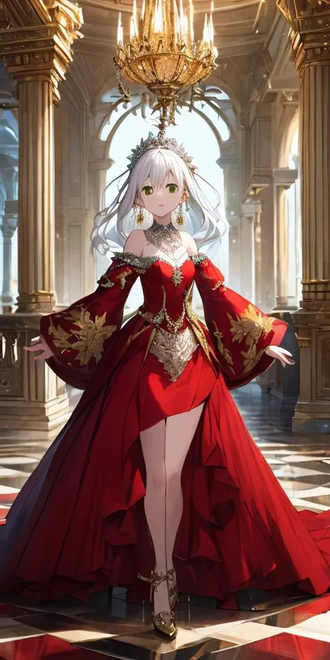 1Girl, full body, elegant, white hair, green eyes, intricate red gown, silver earrings, palace interior background, golden chandelier, highest quality, highly detailed, 4k, 8k, UHD, to scale, anime