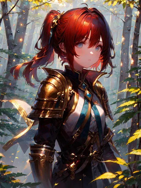 ((masterpiece, best quality)), best aesthetic, 1girl, solo, upper body, shoulder armor, uniform, gold trim, red hair, (short hair), ponytail, looking at viewer, katana, weapon on back, blue eyes, neckerchief, long sleeves, closed mouth, short hair, outdoors, scenery, forest, plant, tree, depth of field, (blurry background), pose,