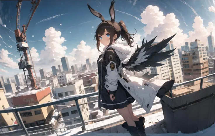 (fisheye perspective), (masterpiece), (best quality), 1girl, fisheye perspective, ((amiya)) \(arknights\), (standing), (blue eyes), ((snow)), brown hair, ponytail, (rabbit ears), (feathered wings:1.2), billboard, brown eyes, brown hair, building, city, cloudy sky, coat, boots, crane \(machine\), dutch angle, from side,looking at viewer, outdoors, rooftop, sky, skyscraper