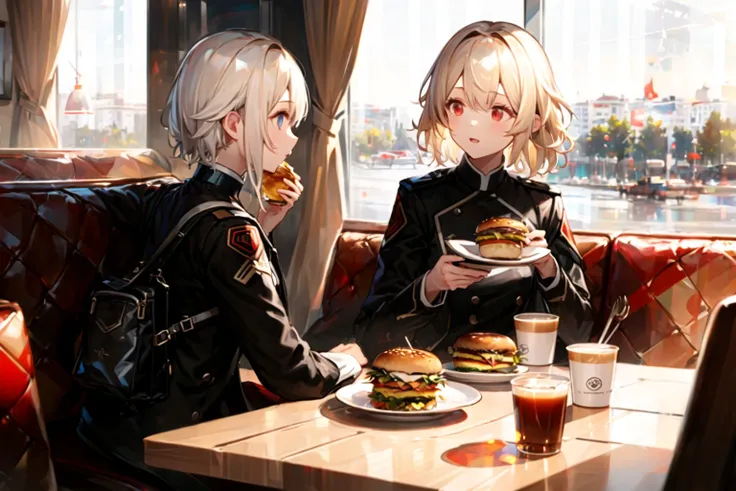 ((masterpiece, best quality)),best aesthetic,multiple girls, 2girls, blonde hair, blue eyes, white hair,red eyes, indoors, cup, bag, eating,, sitting, plate, white shirt, burger, shirt, table, long sleeves, black jacket, restaurant, fried egg, looking at another, holding food, window, blinds