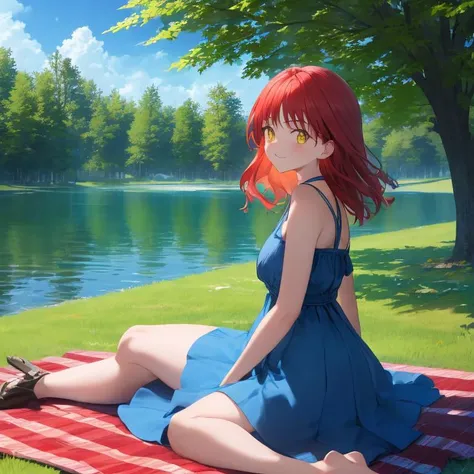 1Girl, mature, American, redhead, medium hair, yellow eyes, sitting on a picnic blanket near a lake, elegant summer dress, happy, grass, tree, lake, clouds, highest quality, highly detailed, 4K, 8K, UHD,