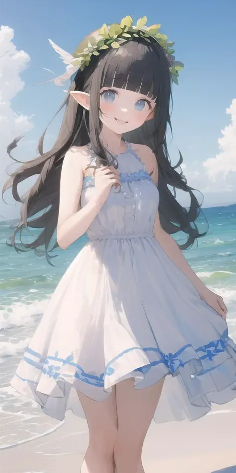(masterpiece, best quality), 1girl, very long hair, solo, sidelocks, white dress, smile, blunt bangs, sundres, outdoors, black hair, ocean, beach, blue eyes, standing, sky, sleeveless dress, day, blush, small breasts, feet out of frame, bare shoulders, cloud,(laughing:0.5), pointy ears, head wreath