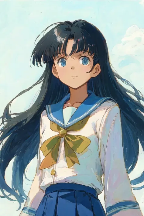 best quality, anime, waifu, best aesthetic, old, (oldest), retro artstyle, 1990s \(style\), 1girl, solo, cowboy shot, (black hair), long hair, swept bangs, school uniform, serafuku, blue eyes, looking at viewer, long sleeves, closed mouth, white background, (anime screencap:1.3), (anime coloring), (flat color), pastel colors,