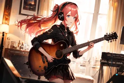 (masterpiece, best quality)),best aesthetic,1girl, solo, black skirt, blue eyes, guitar, headphones, instrument, long hair, , music, one side up, pink hair, playing guiter, pleated skirt, black shirt, indoors