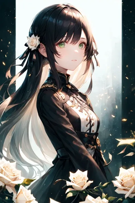 ((masterpiece, best quality)),best aesthetic,1girl, solo, long hair, black dress, flower, ribbon, black background, black hair, rose, hair ribbon, green eyes, long sleeves, white rose, closed mouth, black ribbon, upper body, cinematic lighting