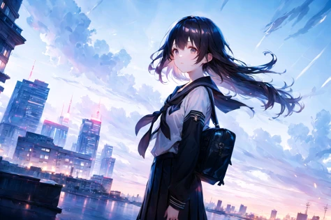 ((masterpiece, best quality)),best aesthetic,1girl holding school bag, from below, solo, school uniform, serafuku, sky, cloud, black hair, looking at viewer, building, neckerchief, long sleeves, cloudy sky, shirt, pleated skirt, city, black sailor collar, closed mouth, black skirt, medium hair, buildings