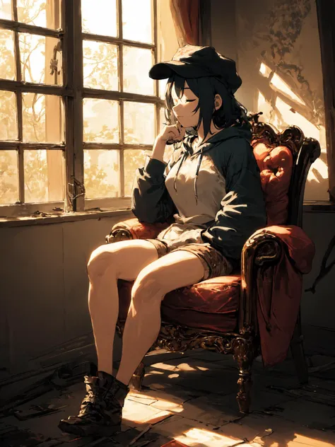 absurdres , highres, ultra detailed, (1girl:1.3), sitting, messy hair, medium hair, medium breasts, sleeping, BREAK hoodie, shorts, cabbie hat, looking away, looking afar, BREAK (Ruined mansion), Old-fashioned chair with age, ragged carpets, faded wallpaper, Dark room, Light on her, Tyndall effect, Dusty air, Broken windowpanes, strong shadow, strong light