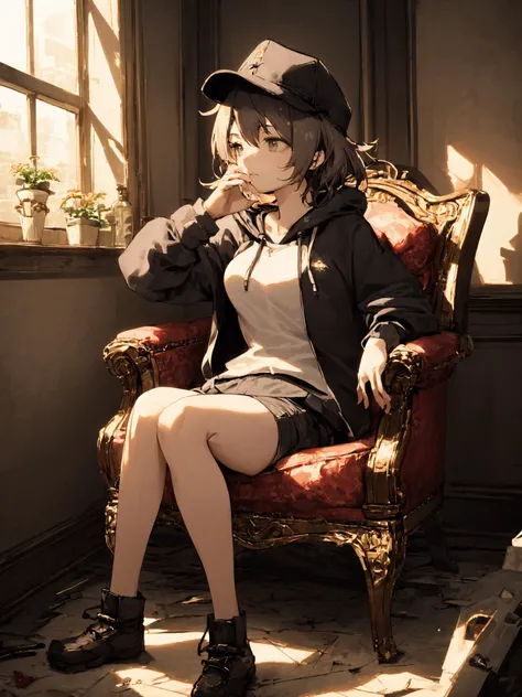 absurdres , highres, ultra detailed, (1girl:1.3), sitting, messy hair, medium hair, medium breasts, she resting her chin on her hand, BREAK , hoodie, shorts, cabbie hat, looking away, looking afar, BREAK , (Ruined mansion), Old-fashioned chair with age, ragged carpets, faded wallpaper, Dark room, Light on her, Tyndall effect, Dusty air, Broken windowpanes, strong shadow, strong light