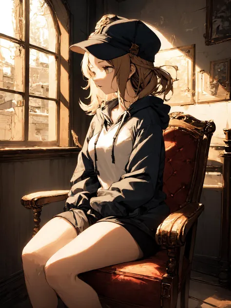 absurdres , highres, ultra detailed, (1girl:1.3), sitting, messy hair, medium hair, medium breasts, BREAK , hoodie, shorts, cabbie hat, looking away, looking afar, BREAK , (Ruined mansion), Old-fashioned chair with age, ragged carpets, faded wallpaper, Dark room, Light on her, Tyndall effect, Dusty air, Broken windowpanes, strong shadow, strong light