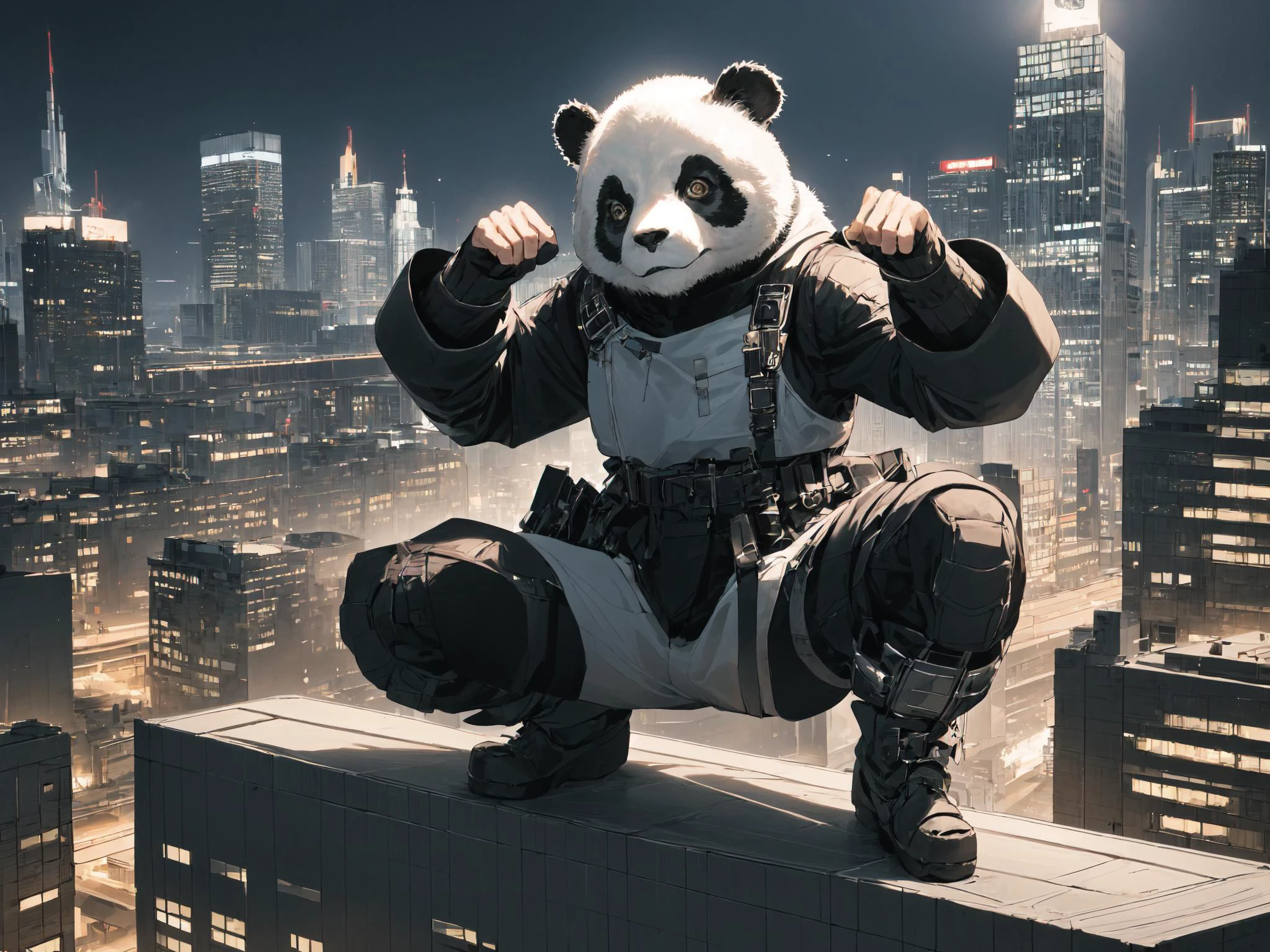 a cyborg panda one knee on top of roof. raised fist, city below, at night, city lights BREAK masterpiece, best quality, intricate details, official wallpaper, volumetric lighting, trending on artstation, 8k highres BREAK