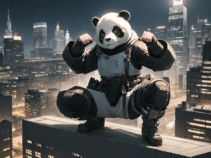 a cyborg panda one knee on top of roof. raised fist, city below, at night, city lights BREAK masterpiece, best quality, intricate details, official wallpaper, volumetric lighting, trending on artstation, 8k highres BREAK