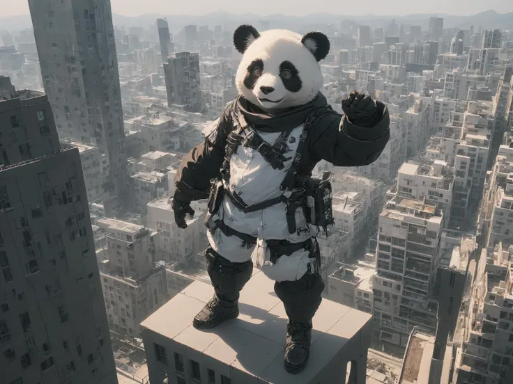 a cyborg panda standing on top of roof, city below BREAK masterpiece, best quality, intricate details, official wallpaper, volumetric lighting, trending on artstation, 8k highres BREAK