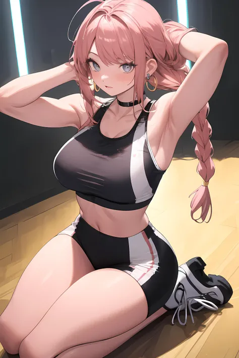 masterpiece, best quality, 1girl, futanari, Ray tracing, hdr, volumetric lighting,
Hands clasped behind the head reclining,
Pink and pastel blue peekaboo highlights hair, Double French Braids, big hair, playful Celadon eyes, golden hoop earrings, choker, thick lips,
athletic, large and round breasts, narrow shoulders, narrow waist, very wide hips, covered nipples, bulge, Sporty: Leggings, sports bra, athletic tank, and running shoes, <lora:KTF_01:1>, <lora:KTF_10:-0.9>, mature female