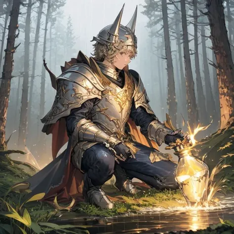 silver water elemental in the bottle with cork stopper, the bottle is grasped by the knight who kneels down, the knight glancing at viewer, rainy night forest, masterpiece, high resolution, best high quality, beautiful face, intricate details, the knight has the bottle of golden fire on his hand, full shot,
