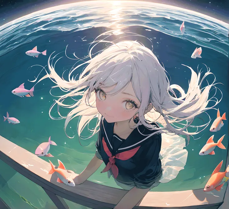 ray tracing,drop shadow,masterpiece, best quality, ultra-detailed, illustration, masterpiece, highres, original, extremely detailed wallpaper,an extremely delicate and beautiful,delicate refective and high glass guardrail board,
a girl,white_hair/blonde_eyes,
Darkness,starry sky,from above,fisheye,backlight,Undersea,Sunbeams shining down from the sea surface,Coral,(A school of fish swimming overhead:1.5),Ocean,Seawater,apple,colorful startrails,sea,(petals floating in the wind),