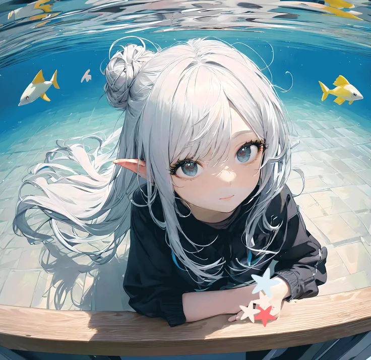 ray tracing,drop shadow,masterpiece, best quality, ultra-detailed, illustration, masterpiece, highres, original, extremely detailed wallpaper,an extremely delicate and beautiful,delicate refective and high glass guardrail board,
a girl,pointy ears,white hair,blue_eyes,vertical pupil,hair_bun,fangs,very_long_hair,(floating hair:1.3),Fully immersed in seawater,
fisheye,from above,perspective,eye contact,Seabed,The shimmering sea surface,Overhead school of fish,