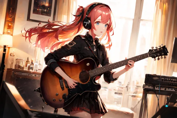 (masterpiece, best quality)),best aesthetic,1girl, solo, black skirt, blue eyes, guitar, headphones, instrument, long hair, , music, one side up, pink hair, playing guiter, pleated skirt, black shirt, indoors