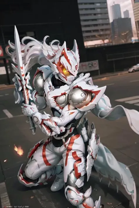 <lora:Geats:0.8>, Geats in a white kamen suit posing with a sword, ((full body)), ((fighting pose)), absurd res, RAW photo, highest quality, masterpiece, High detail RAW color photo, professional photo, extremely detailed CG unity 8k wallpaper, photorealism, highres, hyperdetailed, photorealistic, best quality, extremely delicate and beautiful illustration, perfect anatomy, Detailed eyes, (half-close eyes), beautiful detailed background, traffic background, cinematic light, double v, hands down, brown eyes, disheveled hair