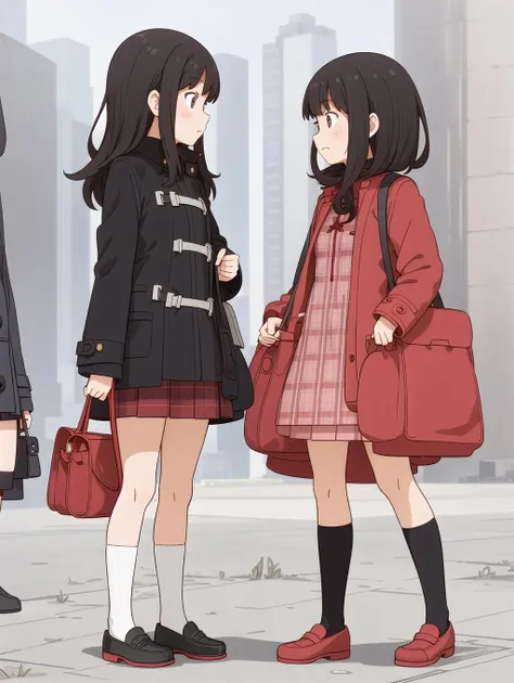 2girls,red socks, bag, socks, dress, handbag, shoes, holding, long sleeves, profile, full body, plaid, black footwear, coat,guilt, best quality ,masterpiece,