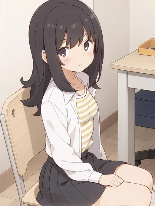 1girl,shirt, looking at viewer, sitting, open clothes, skirt, striped, open shirt,;3, best quality ,masterpiece,