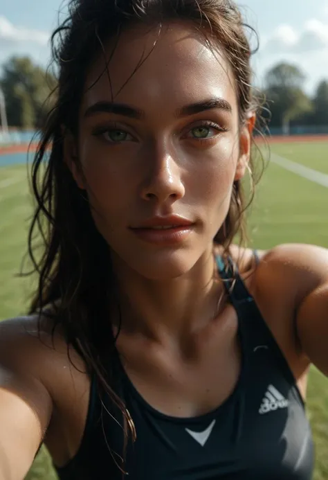 score_9, score_8_up, score_7_up, 1girl, selfie photo of a athletic and fit 25 yo tall woman on a sports field. brown shag hair, green eyes, tanned skin, sports athlete, wearing sports bra, (selfie from above), smiling, face focus, evening light, <lora:add-detail-xl:0.6> <lora:MJ52:0.8>  <lora:sinfully_stylish_PONY_0.2:0.6>  <lora:1dkXLP:0.4> 1dk