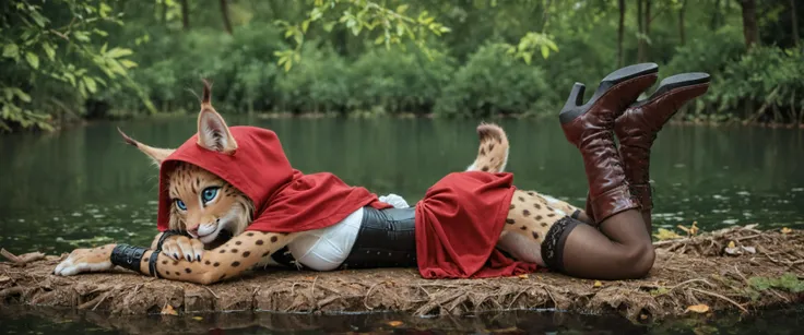 digital_media_(artwork) hi_res, score_9, score_8_up, score_7_up, score_6_up, score_5_up, score_4_up, <lora:add-detail-xl:1.8>, source_realistic, rating_safe, 1girl, solo, anthro, furry, (a very young beautiful lynx anthro girl), sexy hair, sexy blue eyes, slim, slender, ite, small breasts, little red riding hood outfit, skirt, corset, bracers, stockings, open-toed boots, feral toes, lying on stomach, on solid ground, watching river, side view, forest background,