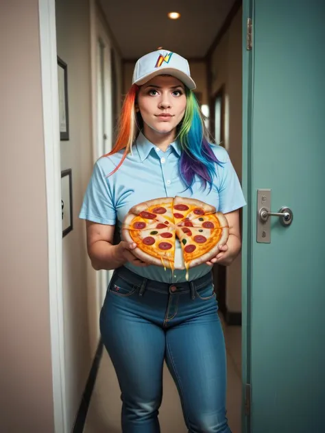 score_9, score_8_up, score_7_up, score_6_up, score_5_up, score_4_up, pov shot through a doorway, showing anthro pony Rainbow Dash dressed as a pizza delivery girl wearing a baseball cap, polo shirt, and jeans. She is holding a stack of pizza boxes, photorealistic, intricate details, cinematic lighting, detailed background, detailed eyes, detailed face