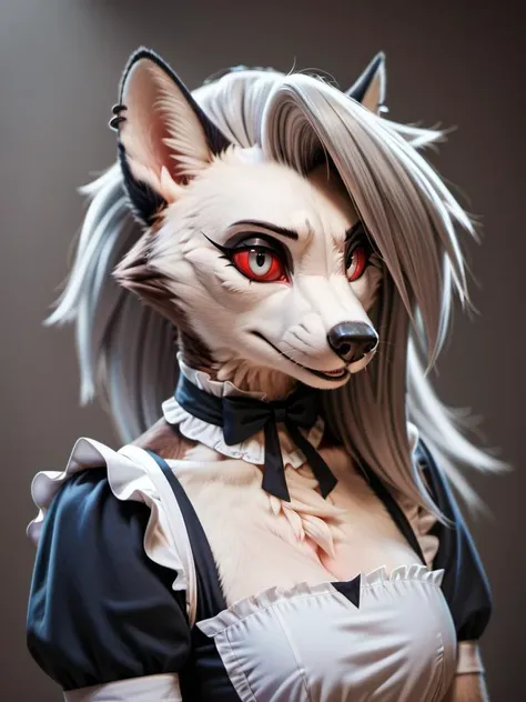 score_9, score_8_up, score_7_up, score_6_up, score_5_up, score_4_up, source_furry, anthro, female, loona \(helluva boss\), cellphone, detailed fluffy fur, maid uniform, detailed background, detailed eyes, detailed face