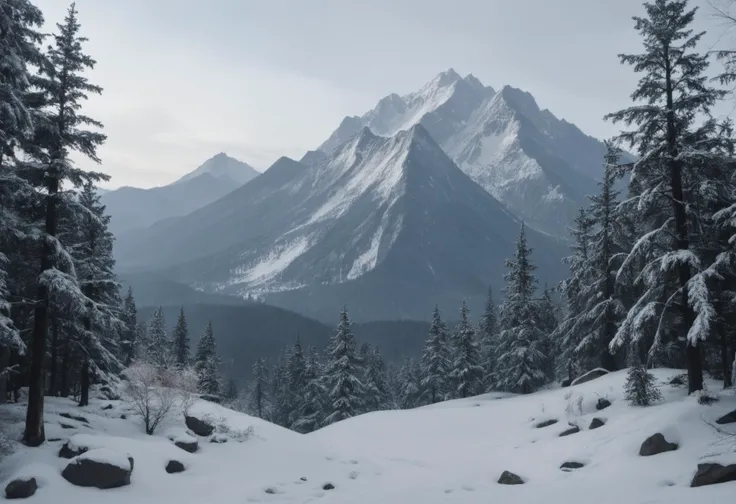 score_9,score_8_up,score_7_up,score_6_up,score_5_up,score_4_up,realistic, highly detailed,real life,analog,low angle, forest mountains snow
