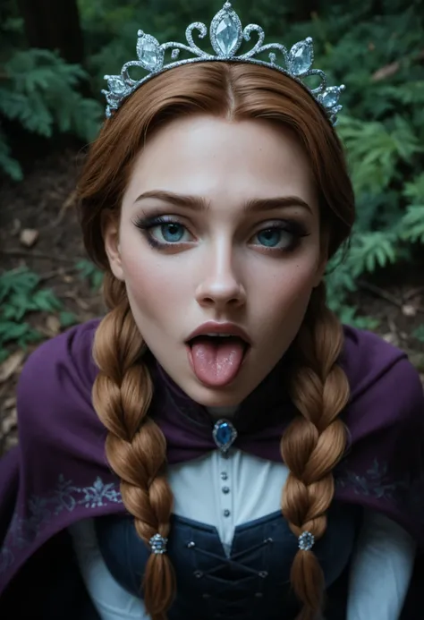 score_9,score_8_up,score_7_up,score_6_up,score_5_up,score_4_up,highly detailed,real life,analog, dark, night time, kneeling, (from above:1.3), princess anna from frozen on her knees looking up, pov, (wide open mouth gasping, sticking her tongue out, gaping open mouth:1.4), scream, low cut sexy black corset, purple fur cloak, dark forest, (close up:1.3), braided pigtails, ornate tiara , smokey makeup, eye contact,