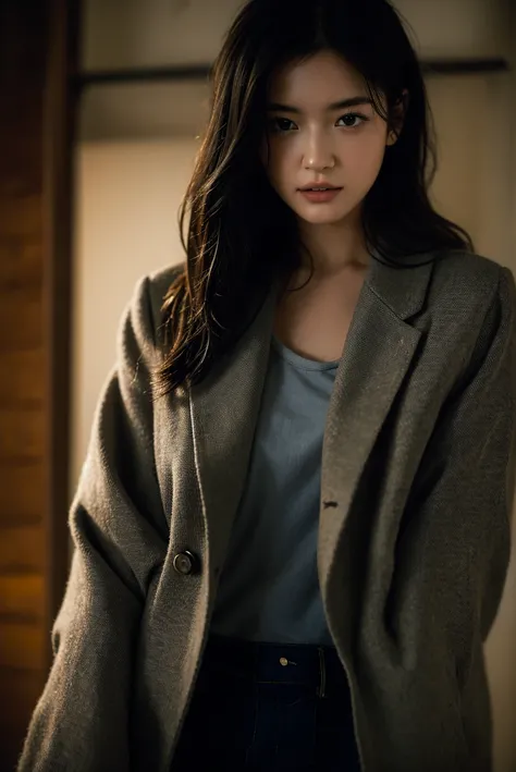 Closeup, A 20 yo woman, dark theme, soothing tones, muted colors, jacket, jeans, fashion, high contrast, (natural skin texture, hyperrealism, soft light, sharp), upper body, in school, Negative, <lora:MoosMST4:1> <lora:JessicaBlank-01:1>