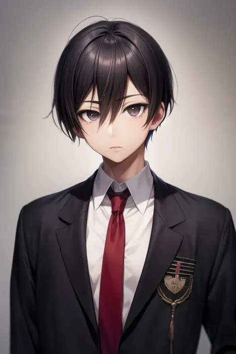 masterpiece, best quality, high quality, 1boy, solo, male focus, looking at viewer, upper body, <lora:hiroshi_yuuki:0.56>, hiroshi_yuuki, black hair, hair between eyes, black eyes, , school uniform