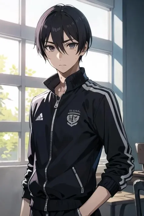masterpiece, best quality, high quality, 1boy, solo, male focus, looking at viewer, upper body, <lora:hiroshi_yuuki:0.58>, hiroshi_yuuki, black hair, hair between eyes, black eyes, realistic, track suit