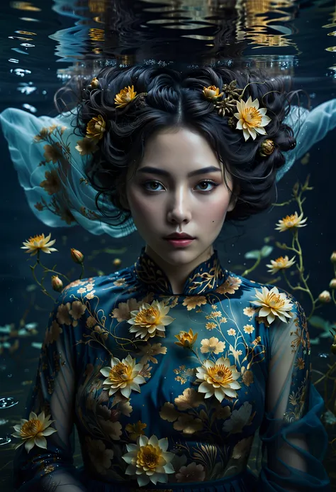 imagine, dream of, fashion editorial style cinematic photo floating dress, water, woman Photography, The image captures a serene and ethereal moment of a woman submerged in water, surrounded by floating golden flowers. The woman's face is partially visible, with her eyes gazing directly at the viewer. Her hair is dark, styled in an intricate updo, and she wears a dress adorned with intricate floral patterns. The water reflects the woman and the flowers, creating a mirror-like effect. The overall mood of the photograph is one of tranquility, beauty, and a touch of mystery., floating dress, water, woman Photography, The image captures a serene and ethereal moment of a woman submerged in water, surrounded by floating golden flowers. The woman's face is partially visible, with her eyes gazing directly at the viewer. Her hair is dark, styled in an intricate updo, and she wears a dress adorned with intricate floral patterns. The water reflects the woman and the flowers, creating a mirror-like effect. The overall mood of the photograph is one of tranquility, beauty, and a touch of mystery. . 35mm photograph, film, bokeh, professional, 4k, highly detailed . high fashion, trendy, stylish, editorial, magazine style, professional, highly detailed