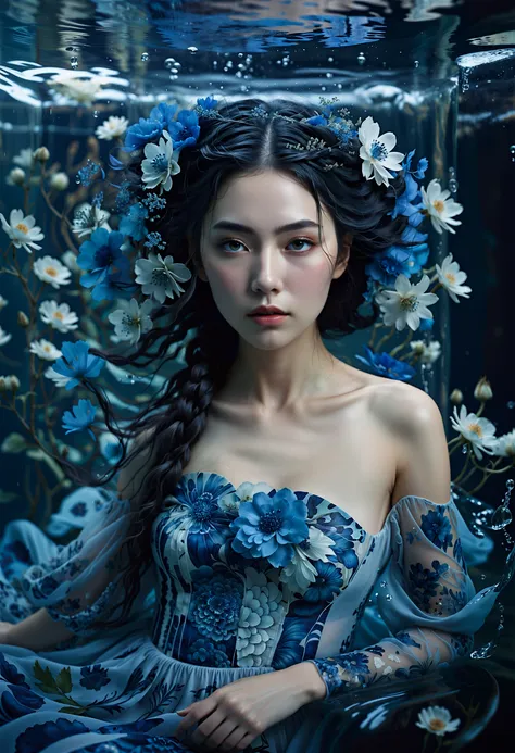 imagine, dream of, cinematic photo floating dress, water, woman, Photography, artistic, fantasy, ethereal, dreamy, surreal, vibrant colors, intricate details, emotional depth, fantastical elements, serene, contemplative, and otherworldly. The image captures a woman submerged in water, surrounded by floating floral patterns. She wears a dress adorned with intricate blue and white designs, and her long hair is styled in a braid. Her gaze is intense, and she appears to be lost in thought. The overall mood of the photograph is dreamy and ethereally beautiful, floating dress, water, woman, Photography, artistic, fantasy, ethereal, dreamy, surreal, vibrant colors, intricate details, emotional depth, fantastical elements, serene, contemplative, and otherworldly. The image captures a woman submerged in water, surrounded by floating floral patterns. She wears a dress adorned with intricate blue and white designs, and her long hair is styled in a braid. Her gaze is intense, and she appears to be lost in thought. The overall mood of the photograph is dreamy and ethereally beautiful . 35mm photograph, film, bokeh, professional, 4k, highly detailed