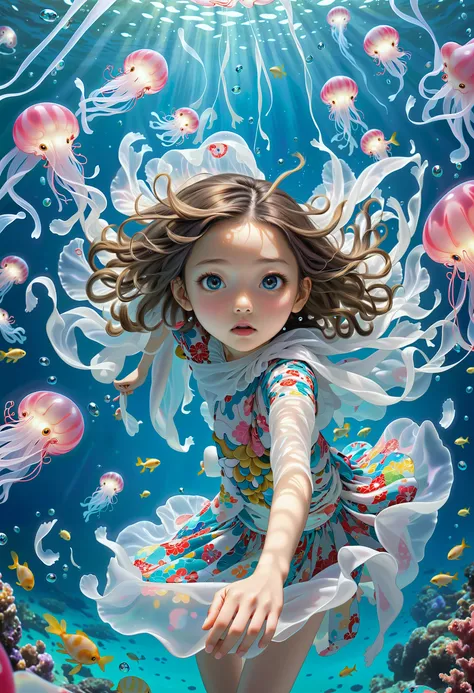 JamesJean, illustration, imagine, dream of,breathtaking anime artwork (art by Takashi Murakami:1.1) and (Krenz Cushart:1.0) , painting, selfie shot angle of a woman a drift in a flock of jellyfish, underwater, deep focus, Chibi Anime, Accent lighting, A woman is seen drifting in a school of jellyfish in an underwater scene captured from an angle. The artist's signature can be spotted at the top left corner of the painting. The background is blurred due to the deep focus effect applied by the photographer. A Chibi anime character stands out in the foreground, illuminated by accent lighting. The overall composition gives a sense of tranquility and wonderment about marine life.  . anime style, key visual, vibrant, studio anime, highly detailed . award-winning, professional, highly detailed