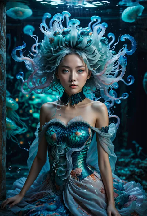 imagine, dream of,breathtaking anime artwork studio Cinematic still, Marbling, Gobelin Tapestry of a (a woman wrapped in jellyfish couture, fantastic ethereal dress, luminescent, self illuminated, deep sea:1.2) , in a Futuristic setting, she is in awe, Muted Jade, Terracotta and Beige hairstyle, Wide view, Ultra Detailed, Ice Blue detailed eyes, 4K, In a futuristic studio, a cinematic still captures a stunning scene featuring a woman who has been transformed into a work of art. She is adorned in an ethereal dress that glows with an otherworldly luminescence. Her hair cascades down in a terracotta and beige hairstyle that adds to her otherworldly appearance. The background is muted jade, providing a striking contrast to the woman's radiant presence. The image is taken from a wide angle perspective, allowing for a comprehensive view of the scene. The level of detail in the image is . anime style, key visual, vibrant, studio anime, highly detailed . award-winning, professional, highly detailed